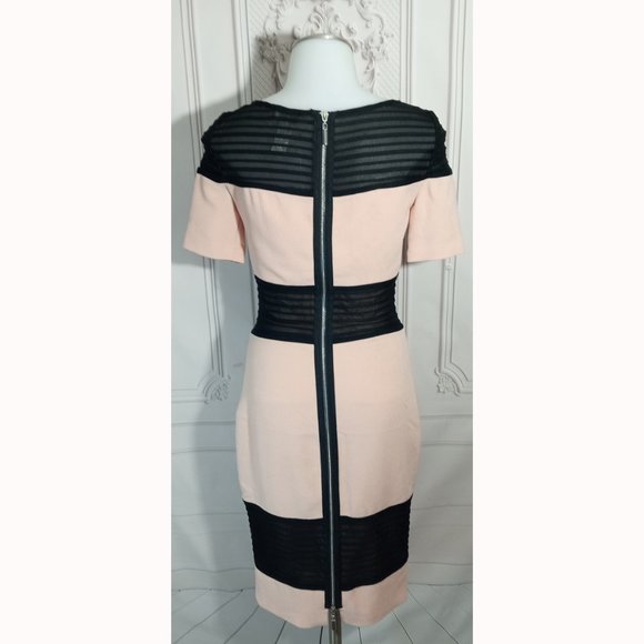 Cache  Mesh Sheath Midi Salmon Pink & Black Lined Dress Flattering Fitted Sz 0 - Picture 4 of 7
